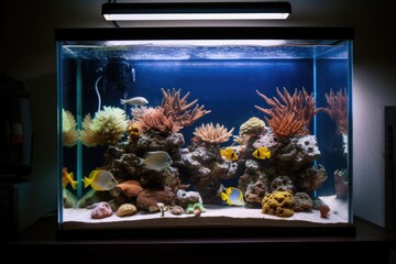 Sticker - tropical fish tank, with view of the ocean and waves on the horizon, created with generative ai