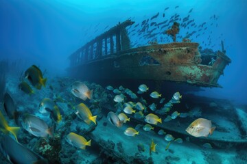 Sticker - school of tropical fish swimming past sunken shipwreck in the open ocean, created with generative ai