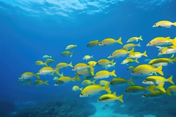 Wall Mural - tropical fish school swimming in clear blue water, created with generative ai