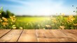 An illustration of spring-summer beautiful background with green, juicy young grass and an empty wooden table in the outdoor nature with blue sky and sun. Created with Generative AI technology