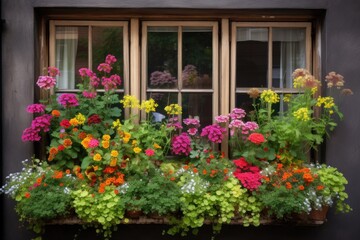 Poster - window garden filled with colorful annuals and perennials, created with generative ai