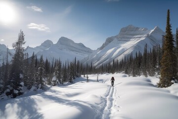 Poster - winter sports adventure: snowshoeing through snowy wilderness, with view of towering mountains in the background, created with generative ai