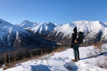 Canvas Print - winter hike, with view of snowy mountain range in the background, created with generative ai