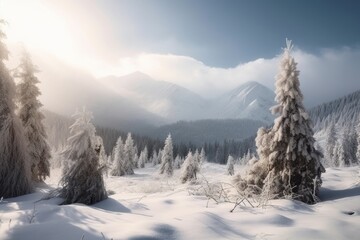 Canvas Print - winter landscape with snow-covered trees and mountains in the background, created with generative ai