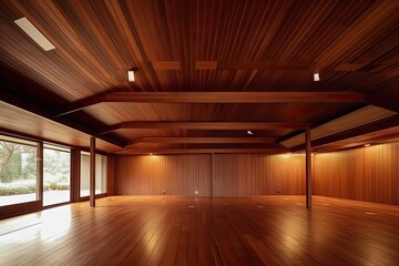 Wall Mural - wooden ceiling, with wooden paneling on walls and floor, created with generative ai