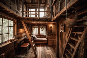 Poster - a rustic wooden cabin with a warm and inviting interior, perfect for spending the night, created with generative ai