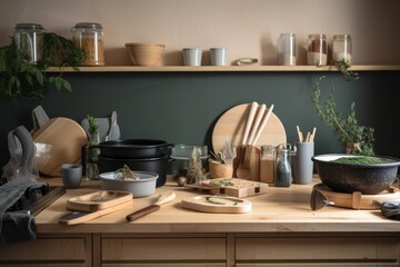 Sticker - a zero-waste kitchen, with reusable and eco-friendly cooking tools in view, created with generative ai