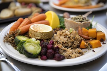 Canvas Print - close-up of plate with zero-waste meal, featuring vegetables, fruits, and grains, created with generative ai