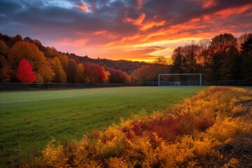 Poster - athletic field with a view of the sunset, showing off the vibrant colors in a picturesque scene, created with generative ai