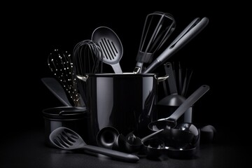 Canvas Print - set of cooking utensils arranged on sleek black background for modern look, created with generative ai