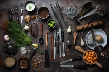 Wall Mural - a collection of cooking utensils and tools, arranged in a flatlay photo, created with generative ai