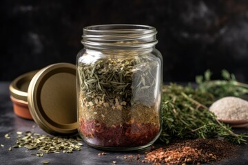 Poster - glass jar filled with spices and herbs for flavorful seasoning, created with generative ai