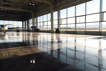 Poster - empty airport terminal, with view of the runway and airplanes, in minimalist industrial setting, created with generative ai