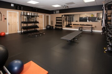 Canvas Print - fitness studio, with various weights, bands and balls visible on the floor, created with generative ai