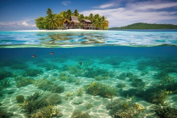 Wall Mural - remote island with crystal clear waters and tropical fish, created with generative ai