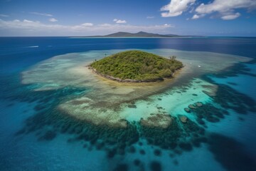 Sticker - remote island with clear blue water, surrounded by coral reef, created with generative ai