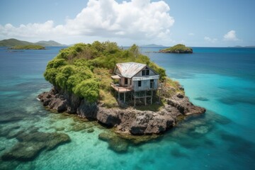 Poster - remote island getaway with view of endless azure waters, created with generative ai