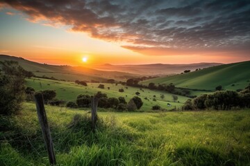 Sticker - rolling countryside hills, with colorful sunrise and clouds in the background, created with generative ai