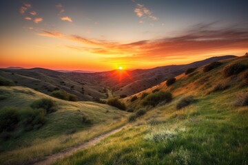 Wall Mural - rolling hills, with the sun setting over the horizon, casting warm colors across the sky, created with generative ai