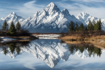 Sticker - snow-capped mountain peaks reflected in still lake, created with generative ai