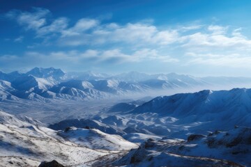 Poster - majestic snow-capped mountain range stretching to the horizon, with a view of an ethereal blue sky, created with generative ai