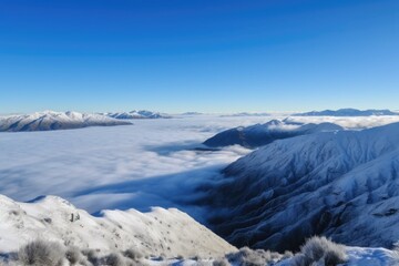 Poster - majestic mountain range, covered in snow and mist, surrounded by clear blue skies, created with generative ai