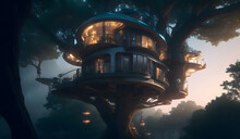 Modern Futuristic Fantasy Tree House Landscape. Generative AI