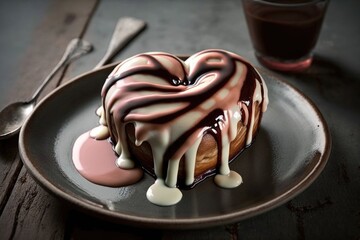 Wall Mural - heart-shaped cinnamon roll with drizzling icing melt on a plate, created with generative ai