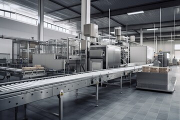 Canvas Print - packaging factory, with automated machines and conveyor belts creating packaging products, created with generative ai