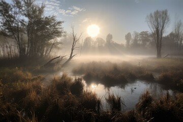 Wall Mural - sun shining through the misty air over wetland and marsh, created with generative ai