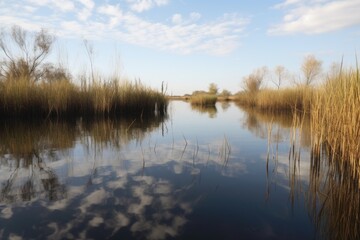 Canvas Print - wetland with tall reeds and reflections of the sky in the water, created with generative ai