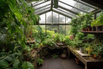 Canvas Print - greenhouse with view of lush garden and a waterfall, created with generative ai