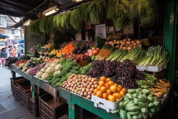 Canvas Print - creative vegetable stand with fruits, vegetables, and herbs on display in urban market, created with generative ai