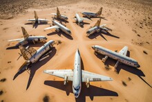 Aerial View Of Abandoned Aircraft Lined Up In Desert, Created With Generative Ai