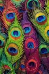 Canvas Print - close-up of vibrant peacock feathers, created with generative ai