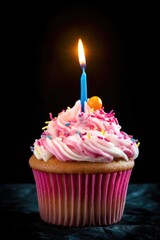 Wall Mural - birthday cupcake with a single lit candle on top, created with generative ai
