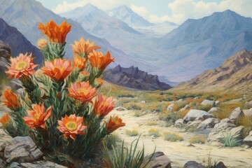 Wall Mural - blooming cacti with a mountain backdrop, created with generative ai