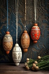 Poster - handmade christmas ornaments on a rustic background, created with generative ai