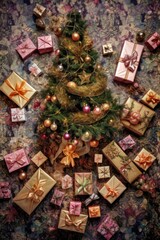 Wall Mural - top view of christmas tree surrounded by wrapped gifts, created with generative ai