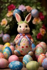 Canvas Print - easter bunny figurine surrounded by decorated eggs, created with generative ai