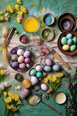 Canvas Print - flat lay of easter decorations, candies, and egg-dyeing supplies, created with generative ai