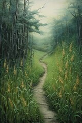 Poster - pathway winding through dense grass landscape, created with generative ai