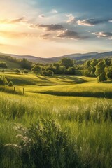 Sticker - grass-covered rolling hills during golden hour, created with generative ai