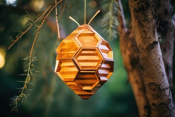 Wall Mural - abstract geometric beehive hanging from a tree branch, created with generative ai