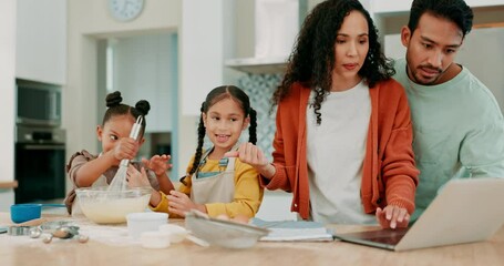 Canvas Print - Laptop, recipe and a family baking in the kitchen together with parents teaching their girl children about food. Computer, love or bonding with kids learning how to cook from a mother and father