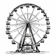 Vintage Ferris Wheel Ink Illustration, Isolated On White Background, Black And White Art In Cross-hatching Style, Hand Drawn Art Created With Generative AI