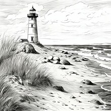 Scandinavian Sea Coast, Lighthouse On The Beach, Nordic Landscape, Sand Dunes And Lyme Grass, Black And White Hand Drawn Illustration, Ink Art, Generative AI