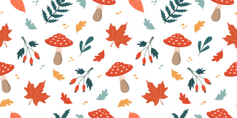 Canvas Print - Seamless vector autumn pattern with mushrooms, yellow, red leaves, herbs on a white background