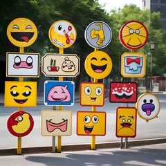 Wall Mural - Street signposts featuring playful and interactive emojis