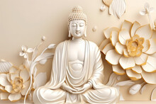 Buddha In Mediation With Lotuses Flowers, Generative AI	
